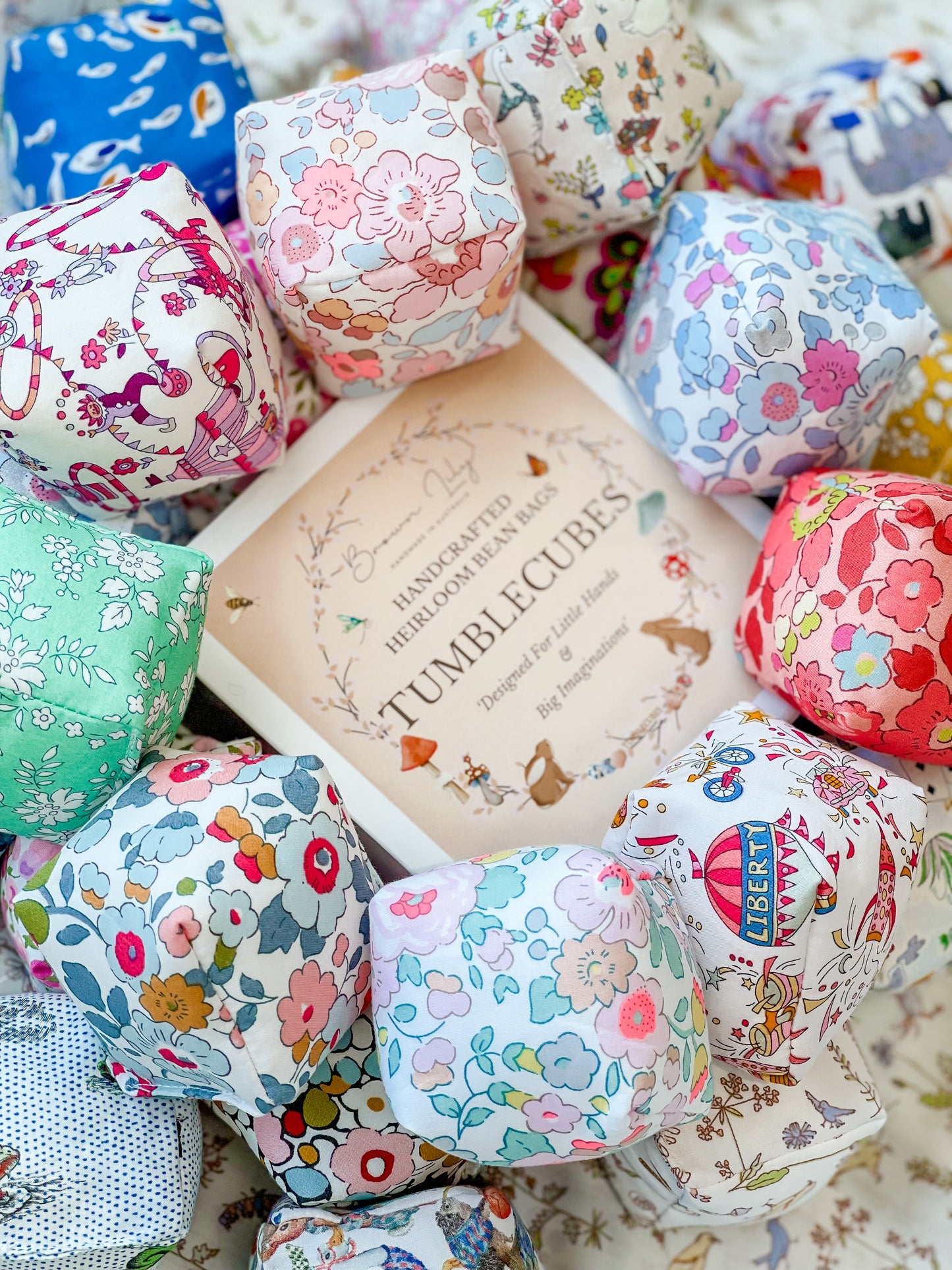 Mini Liberty Fabric Bean Bags - Gift Box Set Special Edition Liberty Fabrics - Brown Lily TumbleCubes