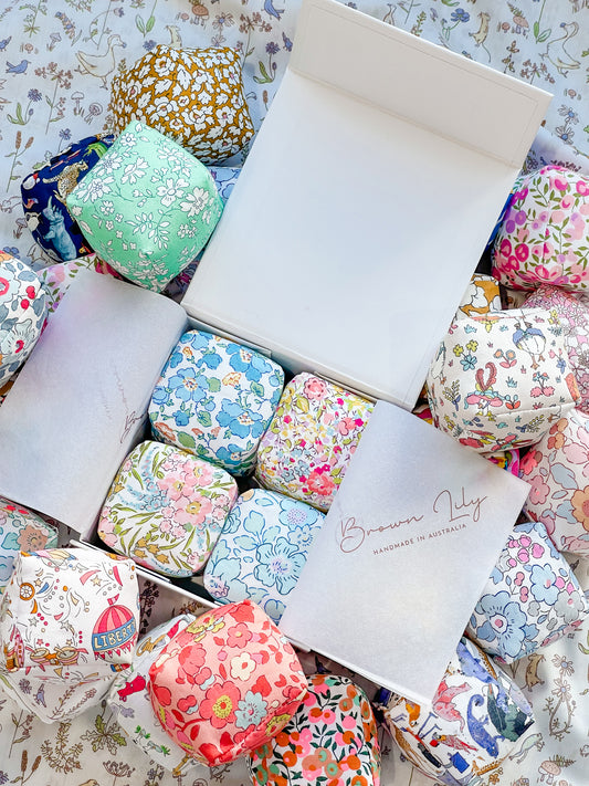 Mini Liberty Fabric Bean Bags - Gift Box Set Special Edition Liberty Fabrics - Brown Lily TumbleCubes
