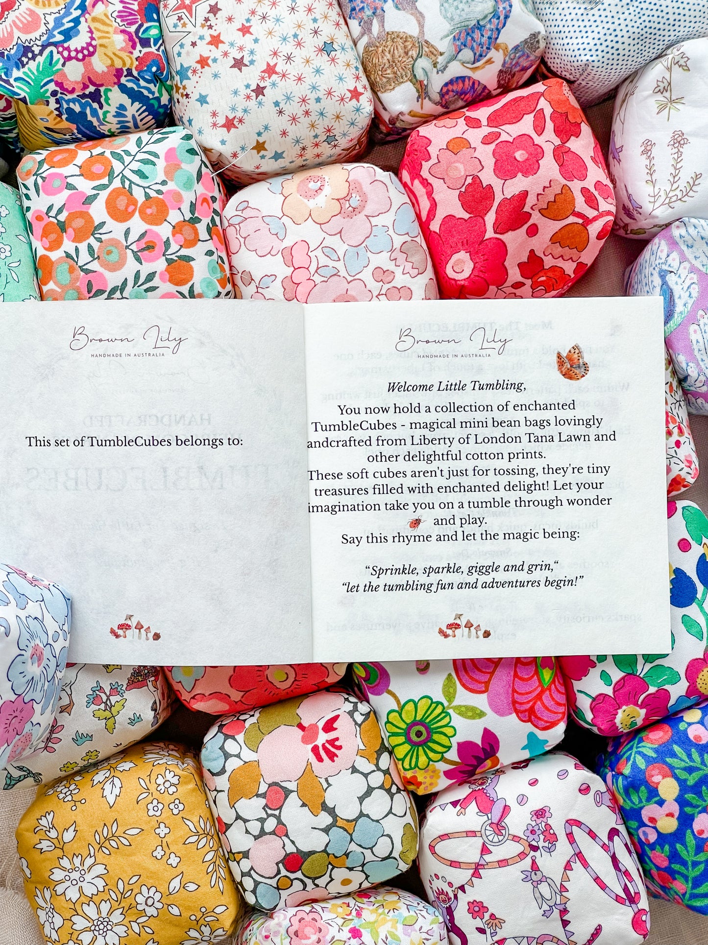 Mini Liberty Fabric Bean Bags - Gift Box Set Special Edition Liberty Fabrics - Brown Lily TumbleCubes