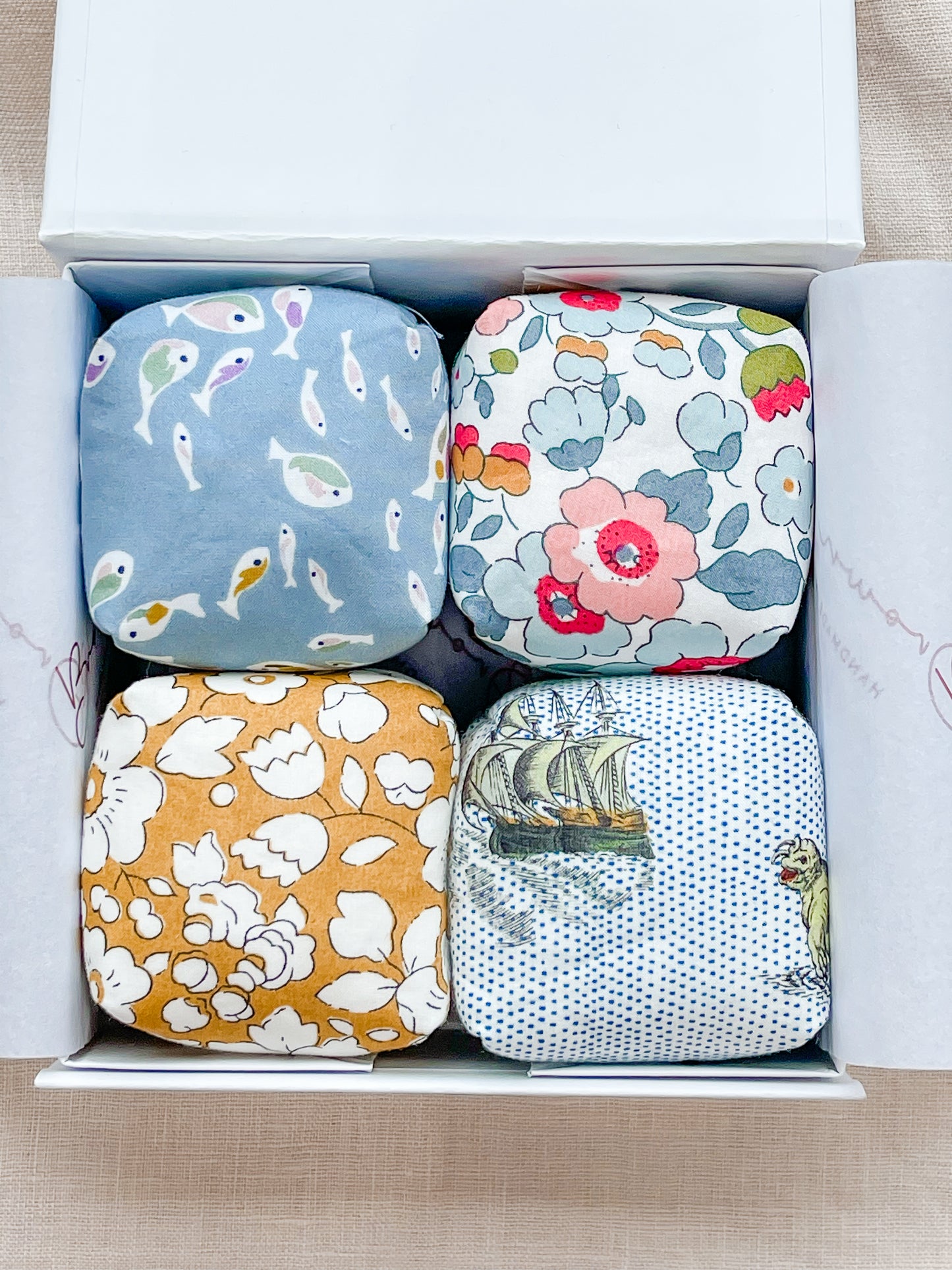 Mini Liberty Fabric Bean Bags - Gift Box Set Special Edition Liberty Fabrics - Brown Lily TumbleCubes