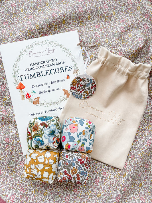 Mini Liberty Fabric Bean Bags & Pouch - Brown Lily TumbleCubes