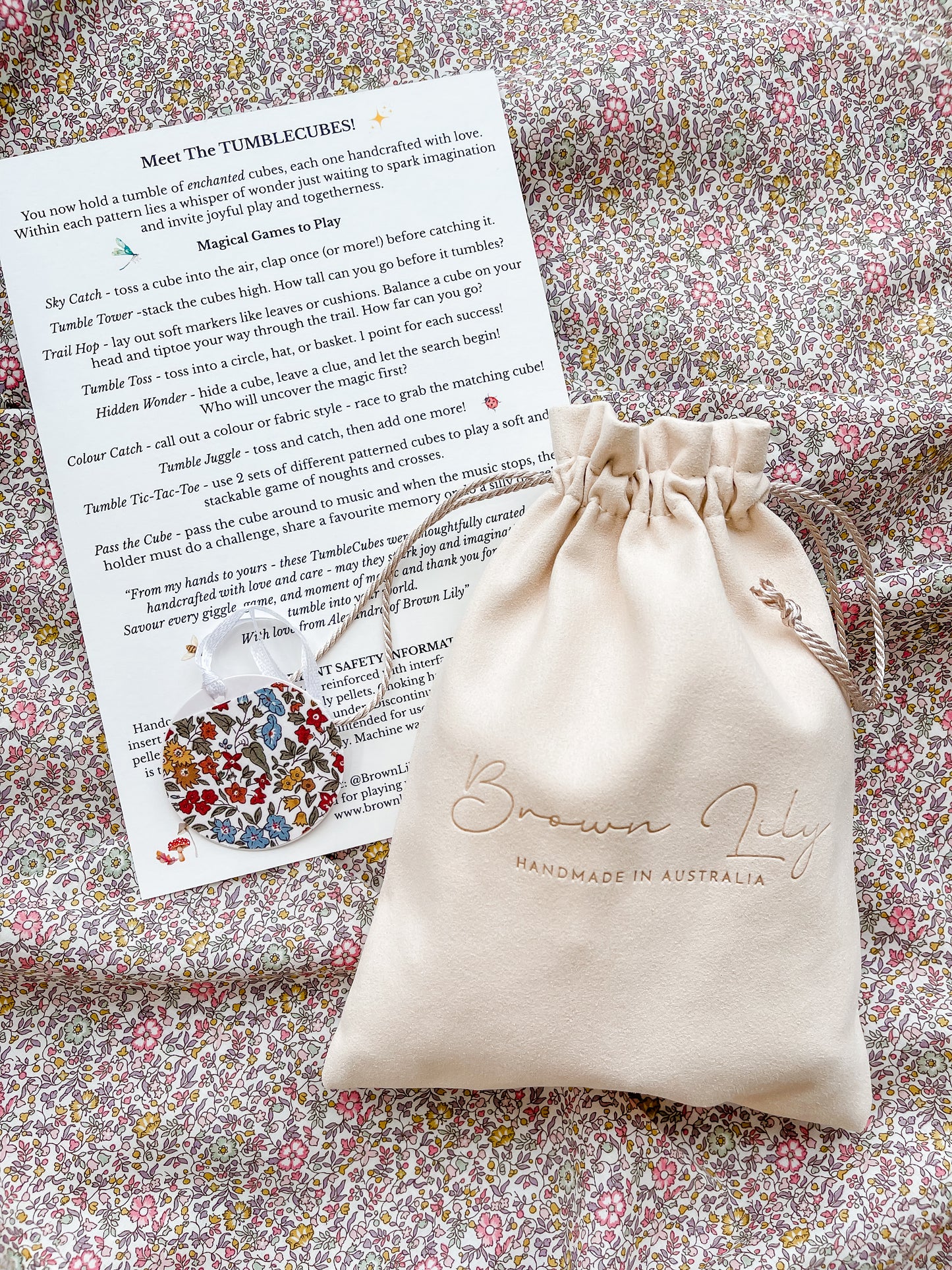 Mini Liberty Fabric Bean Bags & Pouch - Brown Lily TumbleCubes