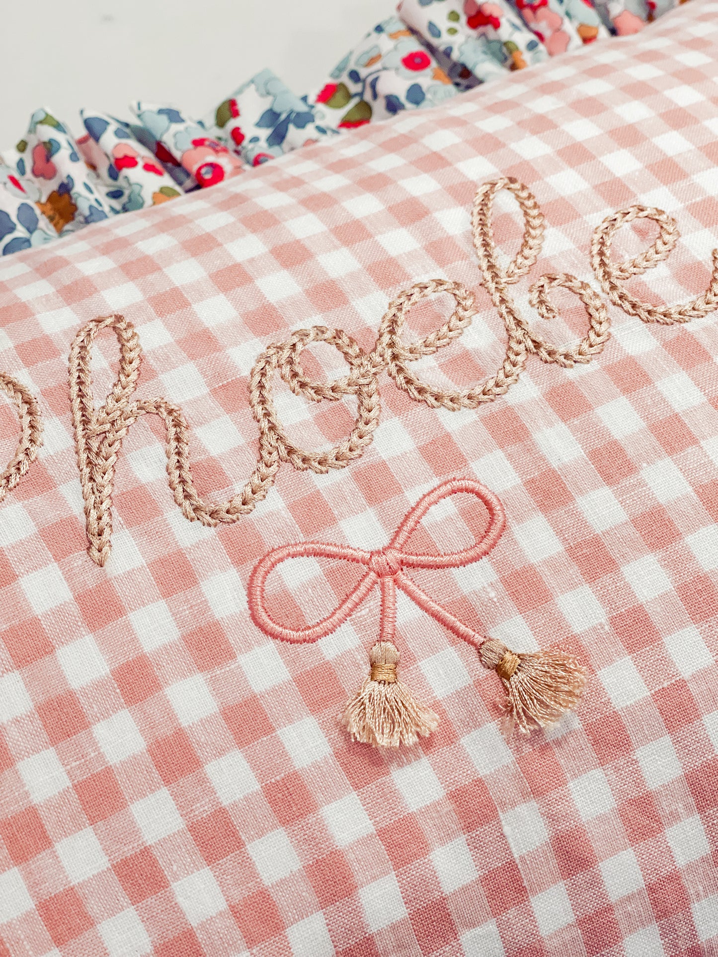 Personalised Ruffle Cushion ‘Pink Gingham Linen & Liberty Betsy P’