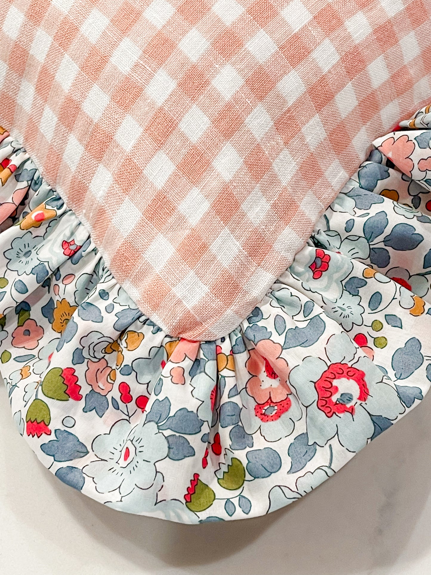 Personalised Ruffle Cushion ‘Pink Gingham Linen & Liberty Betsy P’