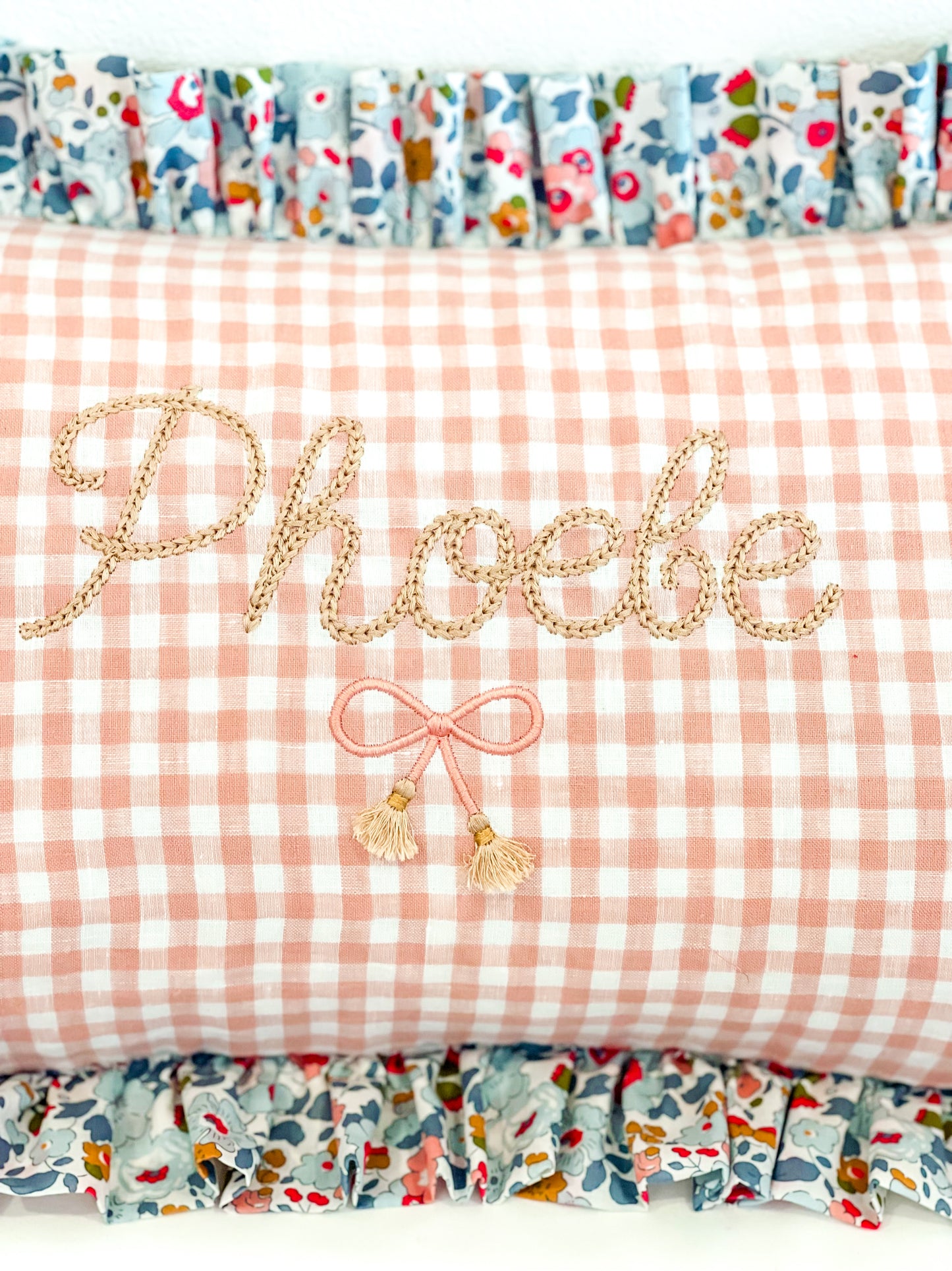 Personalised Ruffle Cushion ‘Pink Gingham Linen & Liberty Betsy P’