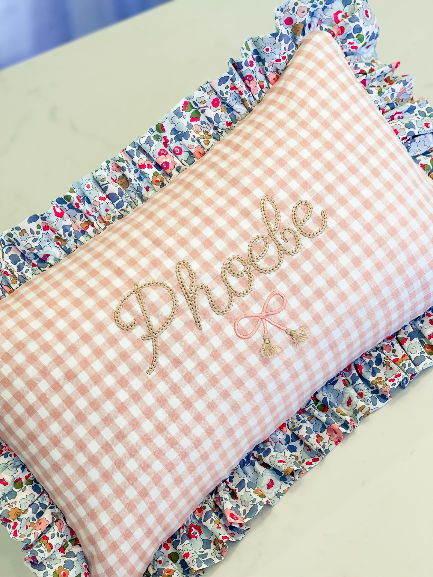 Personalised Ruffle Cushion ‘Pink Gingham Linen & Liberty Betsy P’