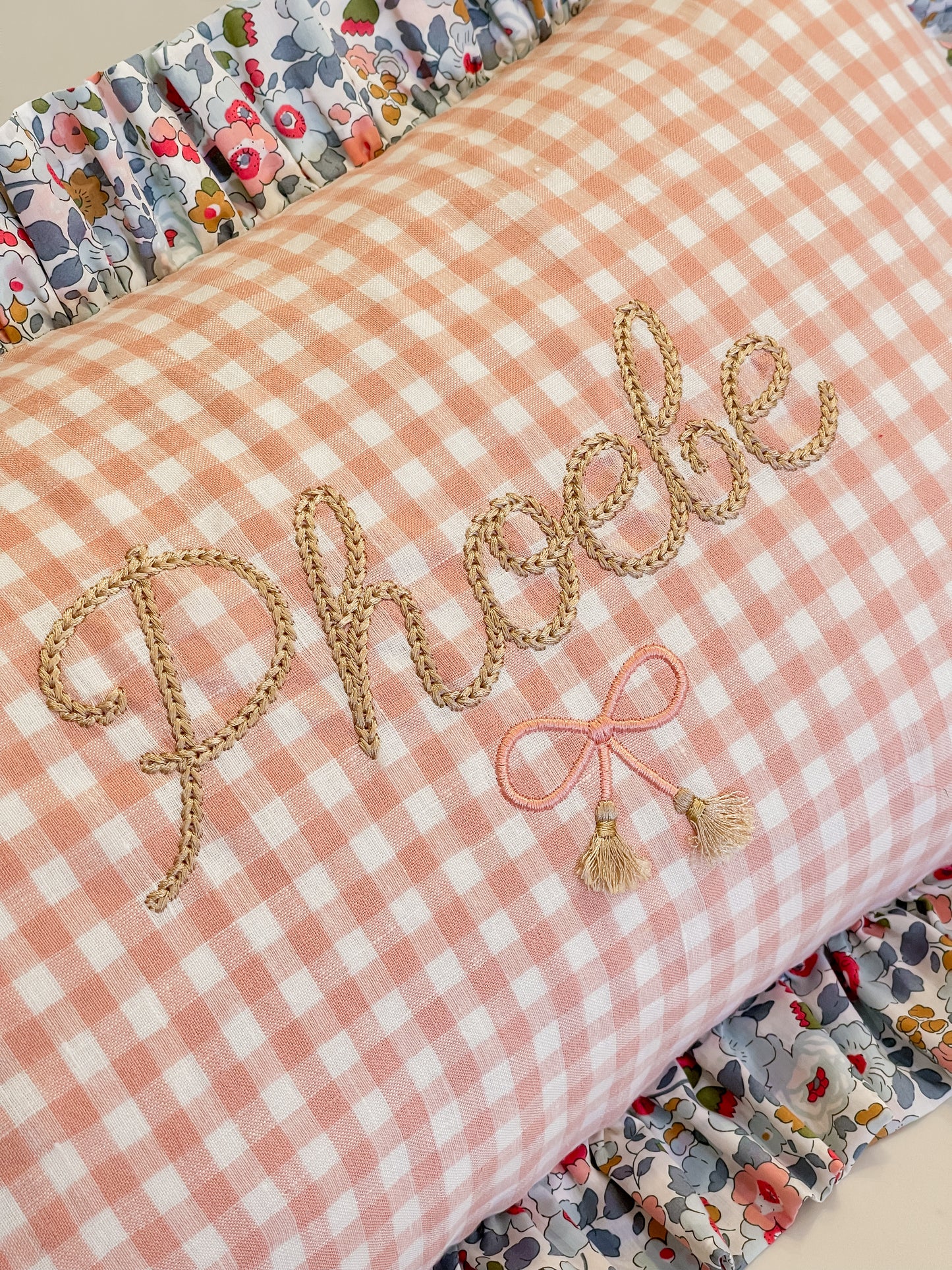 Personalised Ruffle Cushion ‘Pink Gingham Linen & Liberty Betsy P’