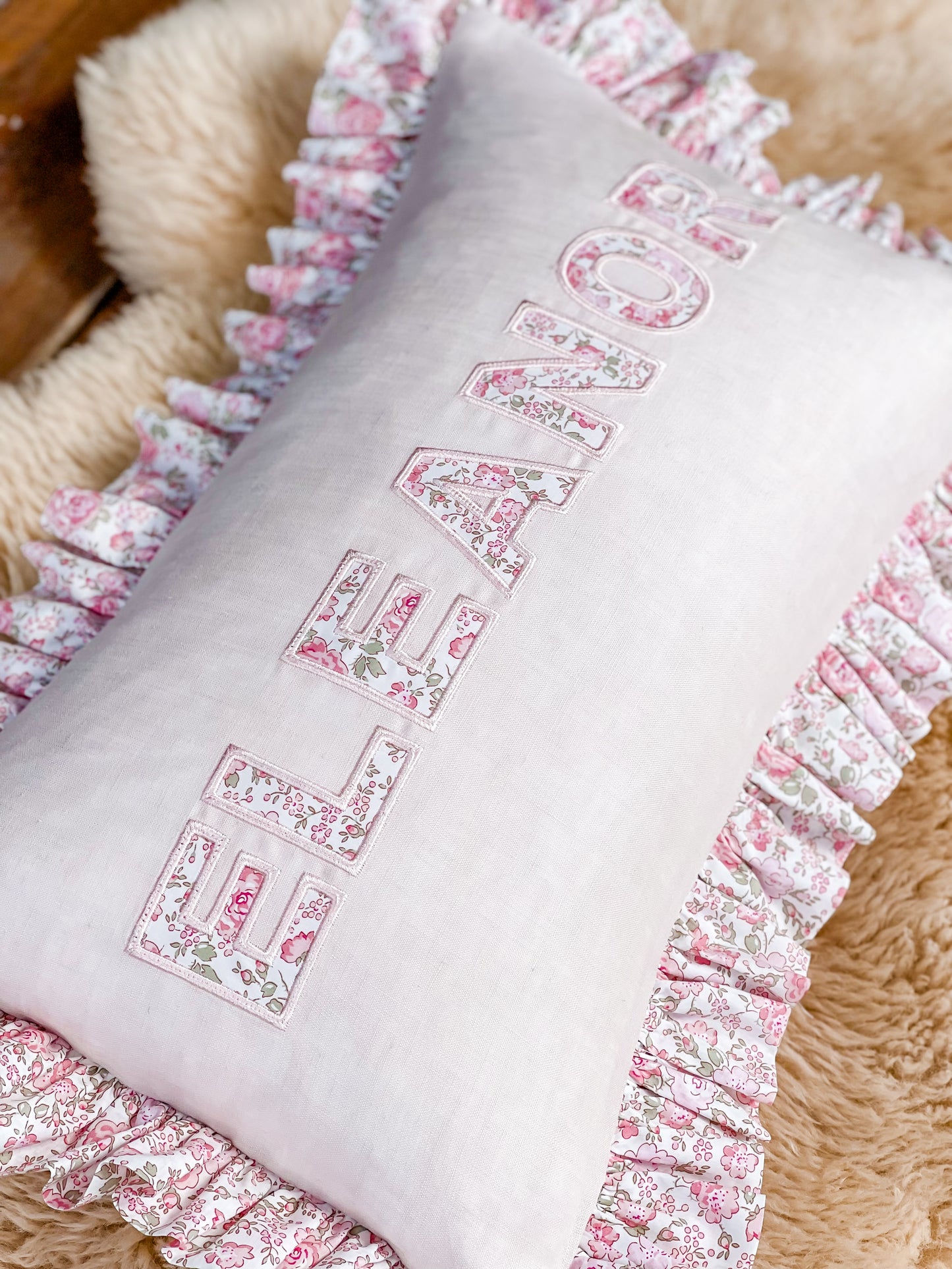 Personalised Linen & Liberty Ruffle Cushion