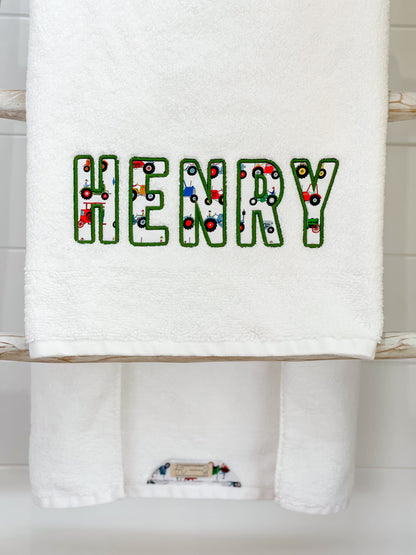 Personalised Towels ‘Red Tractor Designs fabric’