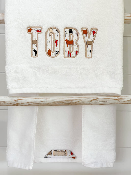 Personalised Towels ‘Red Tractor Designs fabric’