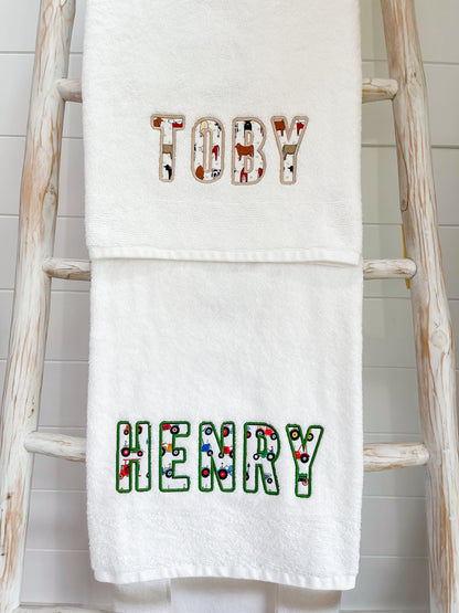 Personalised Towels ‘Red Tractor Designs fabric’