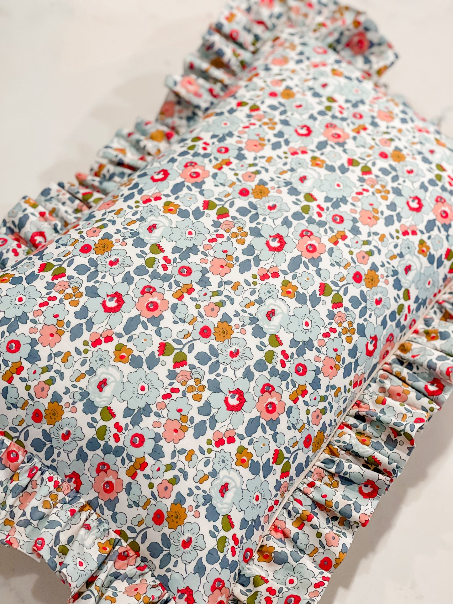 Personalised Ruffle Cushion ‘Pink Gingham Linen & Liberty Betsy P’