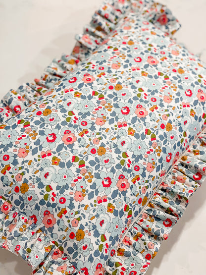 Personalised Ruffle Cushion ‘Pink Gingham Linen & Liberty Betsy P’