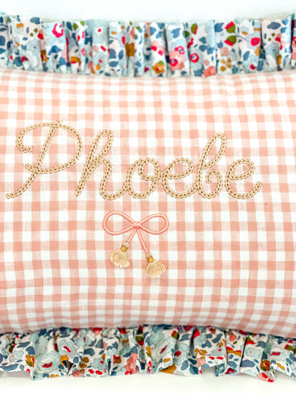 Personalised Ruffle Cushion ‘Pink Gingham Linen & Liberty Betsy P’