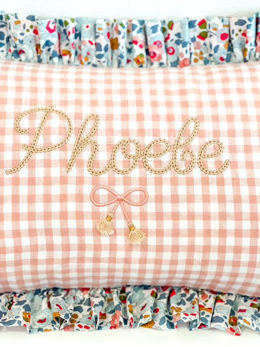 Personalised Ruffle Cushion ‘Pink Gingham Linen & Liberty Betsy P’