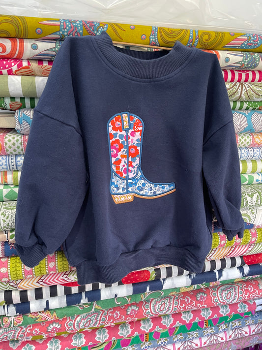Navy French Terry Cotton Sweater with Liberty applique Cowboy Boot