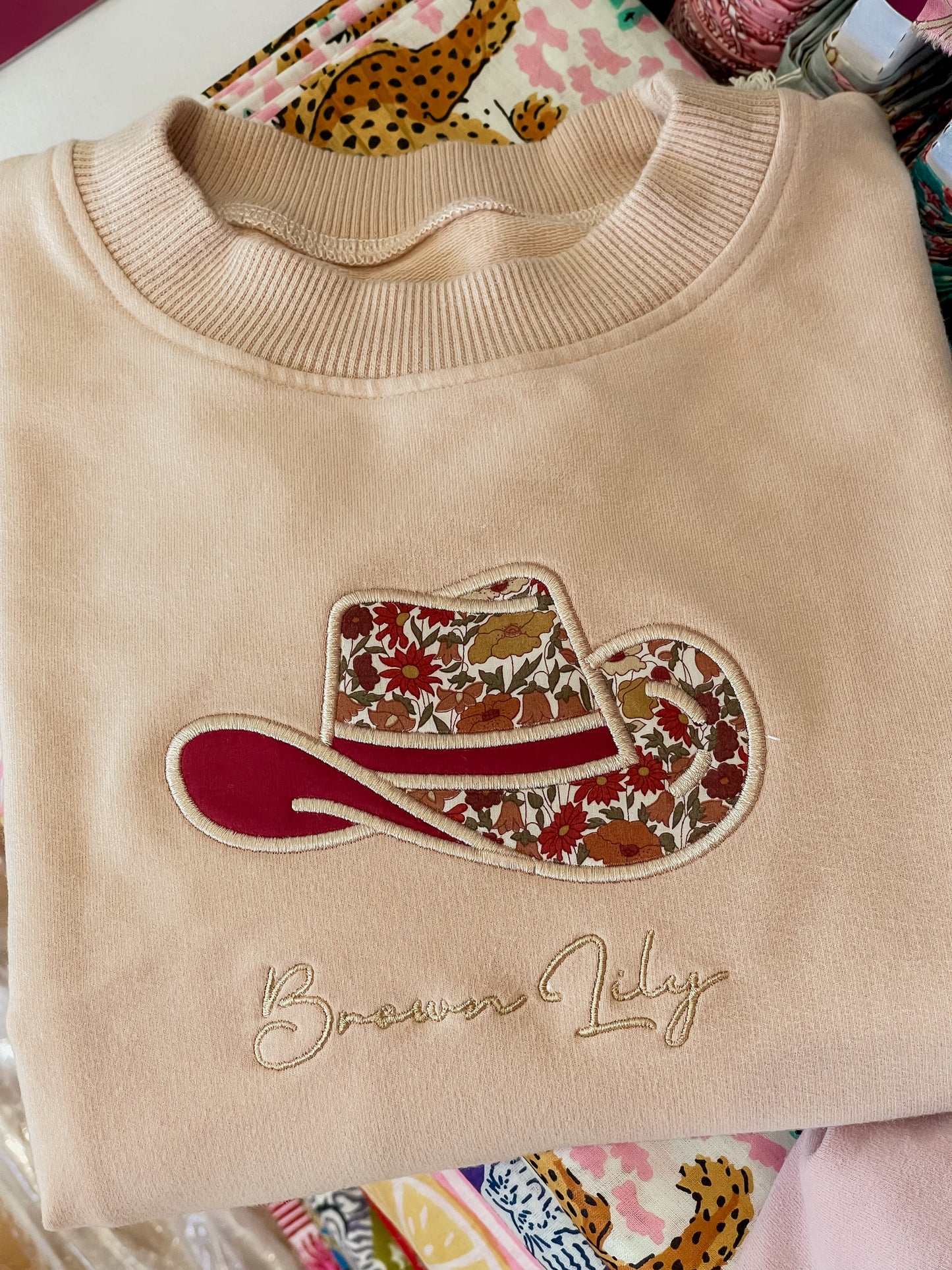 Tan French Terry Cotton Sweater with Liberty applique Cowboy Hat