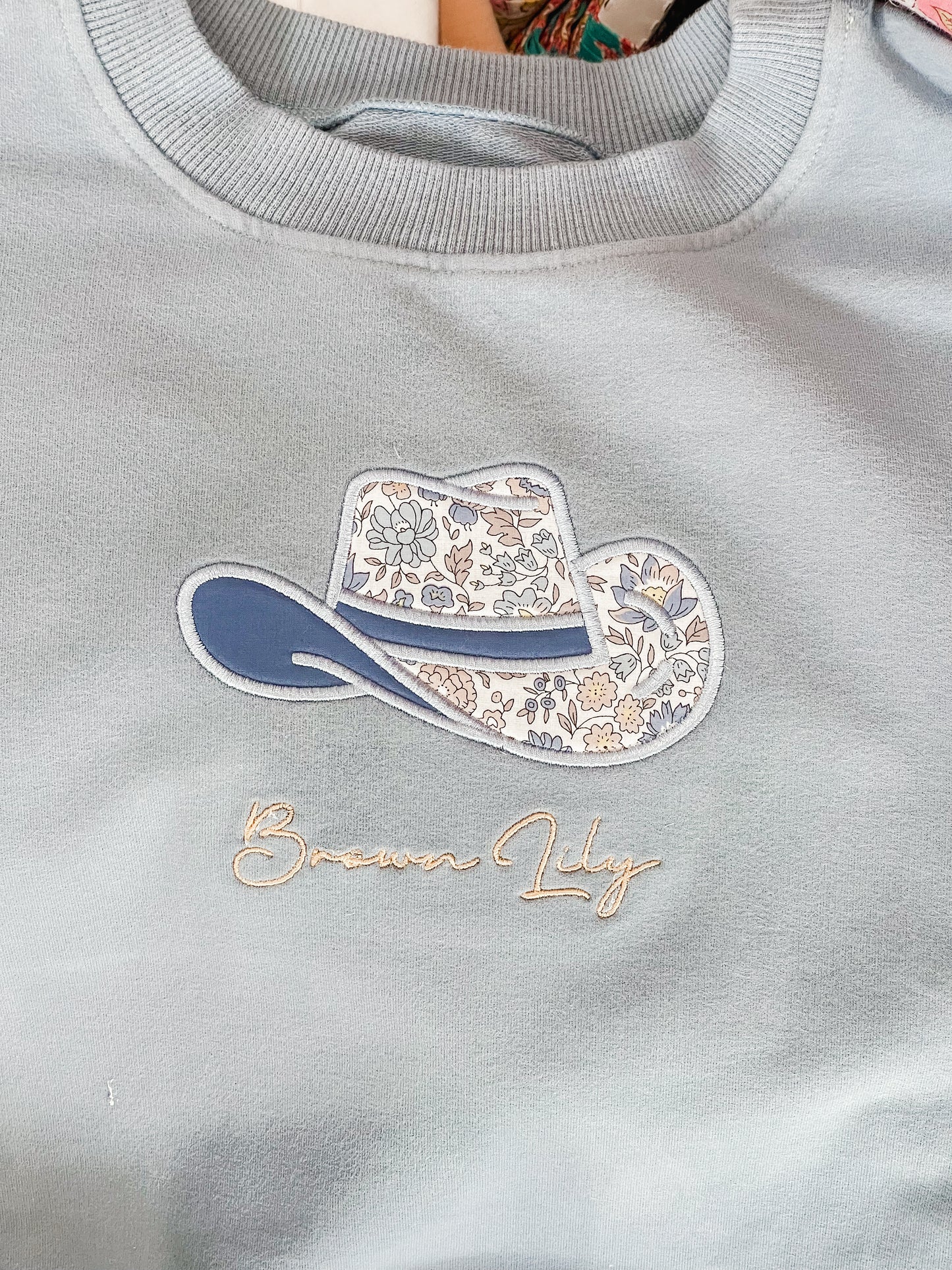 Dusty Blue French Terry Cotton Sweater with Liberty applique Cowboy Hat