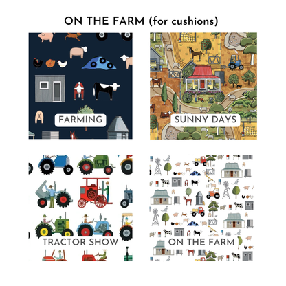 On The Farm Personalised Cushions 'Red Tractor Designs' fabrics